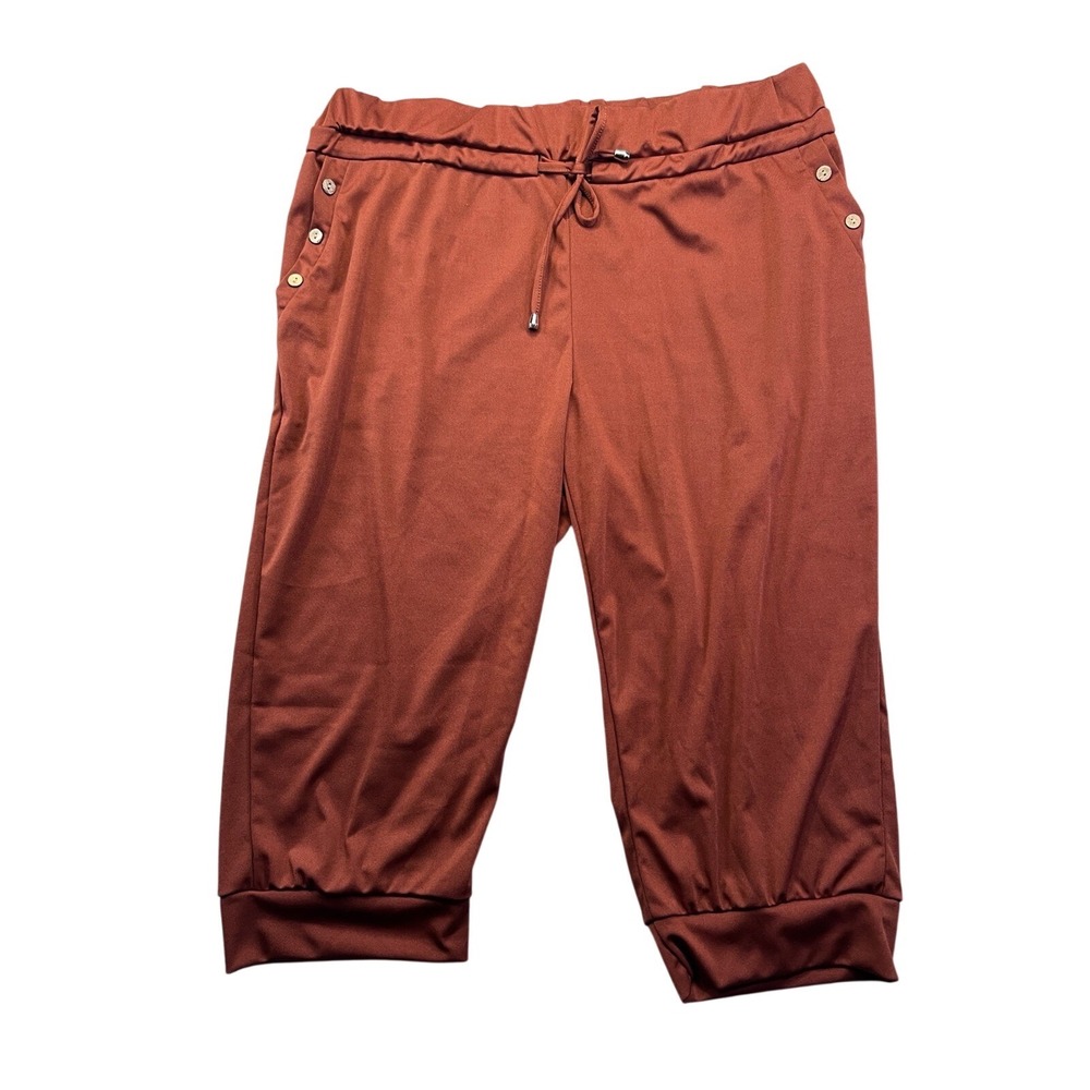 Womens Capri Drawstring Pants Joggers Lightweight Casual Pockets Rust Orange 2XL